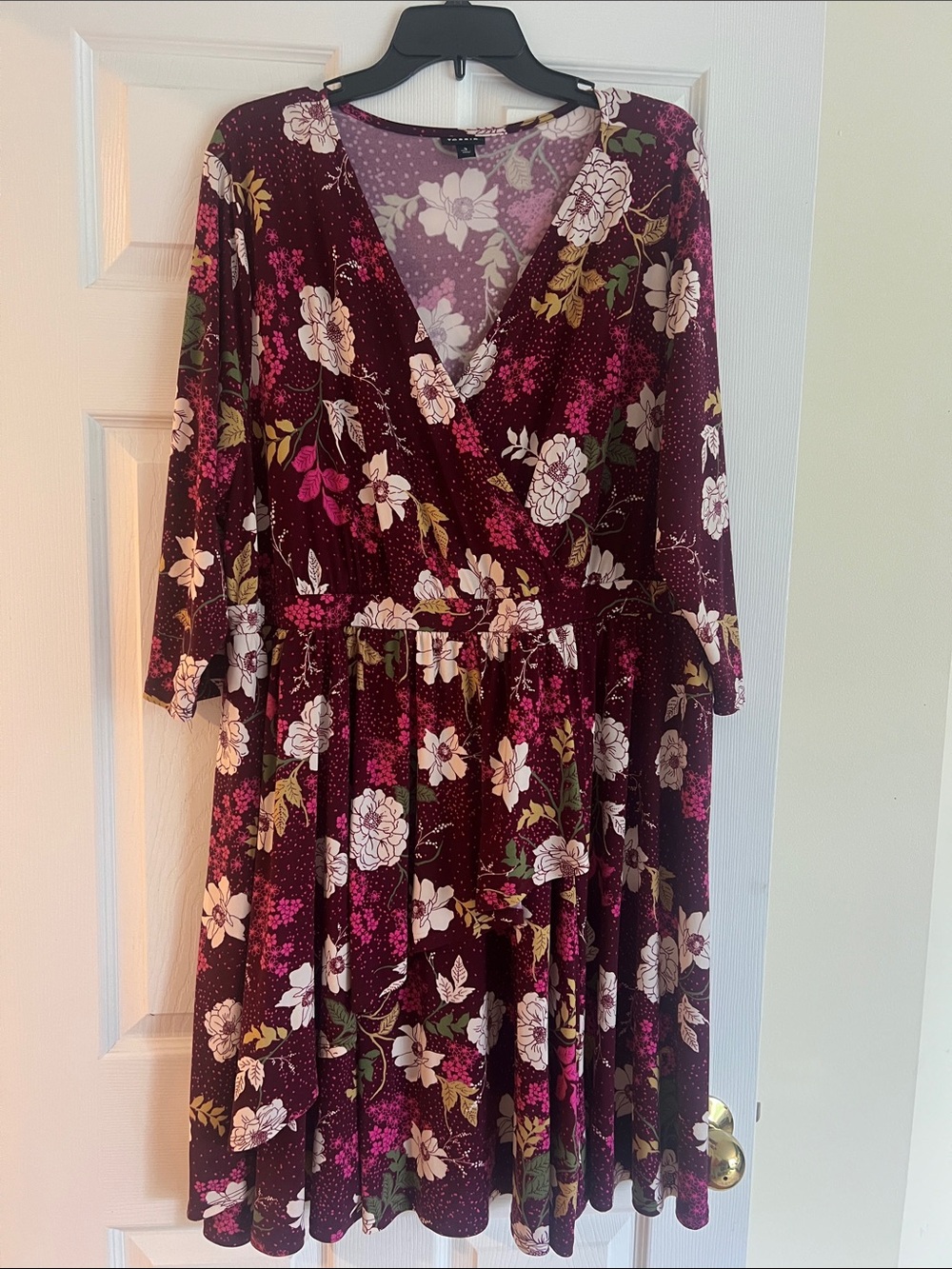 Burgundy Floral Wrap-Style Long Sleeve Dress
